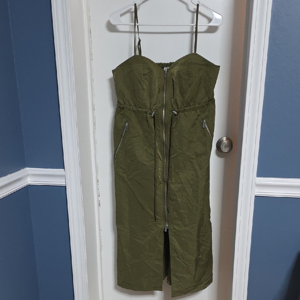 Olive Green Strapless Midi Dress